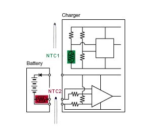 应用 NTC 热敏电阻器的温度检测的二次电池和充电器的电路实例